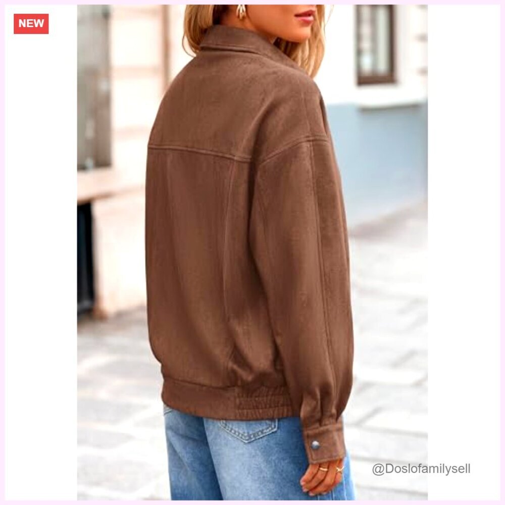 Oversized Faux Suede Bomber Jacket Women's Zip Up Winter Outerwear Coats - Picture 6 of 7